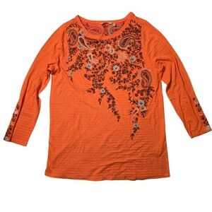 Soft Surroundings Paisley Tunic Shirt Womens Size‎ L Coral Orange Beaded Floral